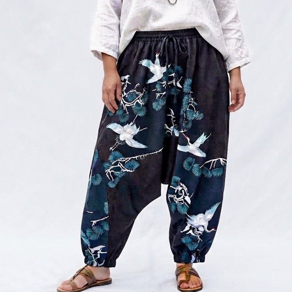 Harem Genie Pants Sz L/XL Black Asian Crane Print Drop Crotch Balloon Trousers